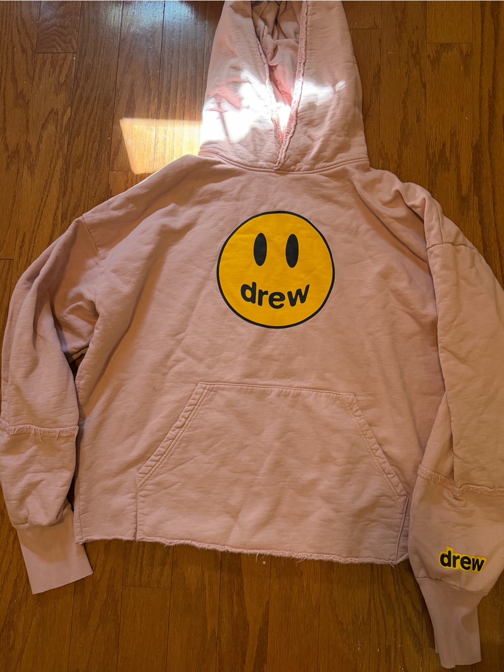 drew house pink hoodie with yellow smiley graphic, wore twice